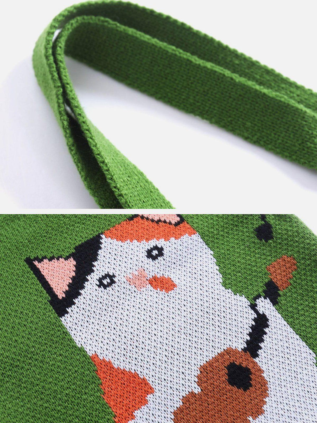 TALISHKO's knitting bag with a cute "Guitar Cat" design, highlighting the green strap detail.