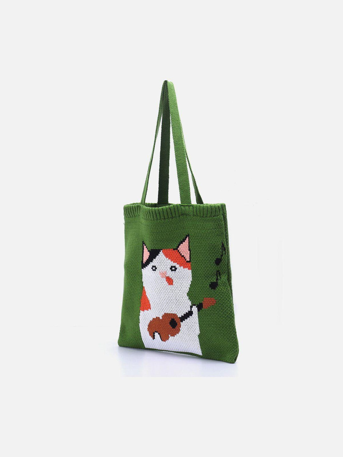 Green "Guitar Cat" graphic knitting bag by TALISHKO, showcasing playful design and texture.