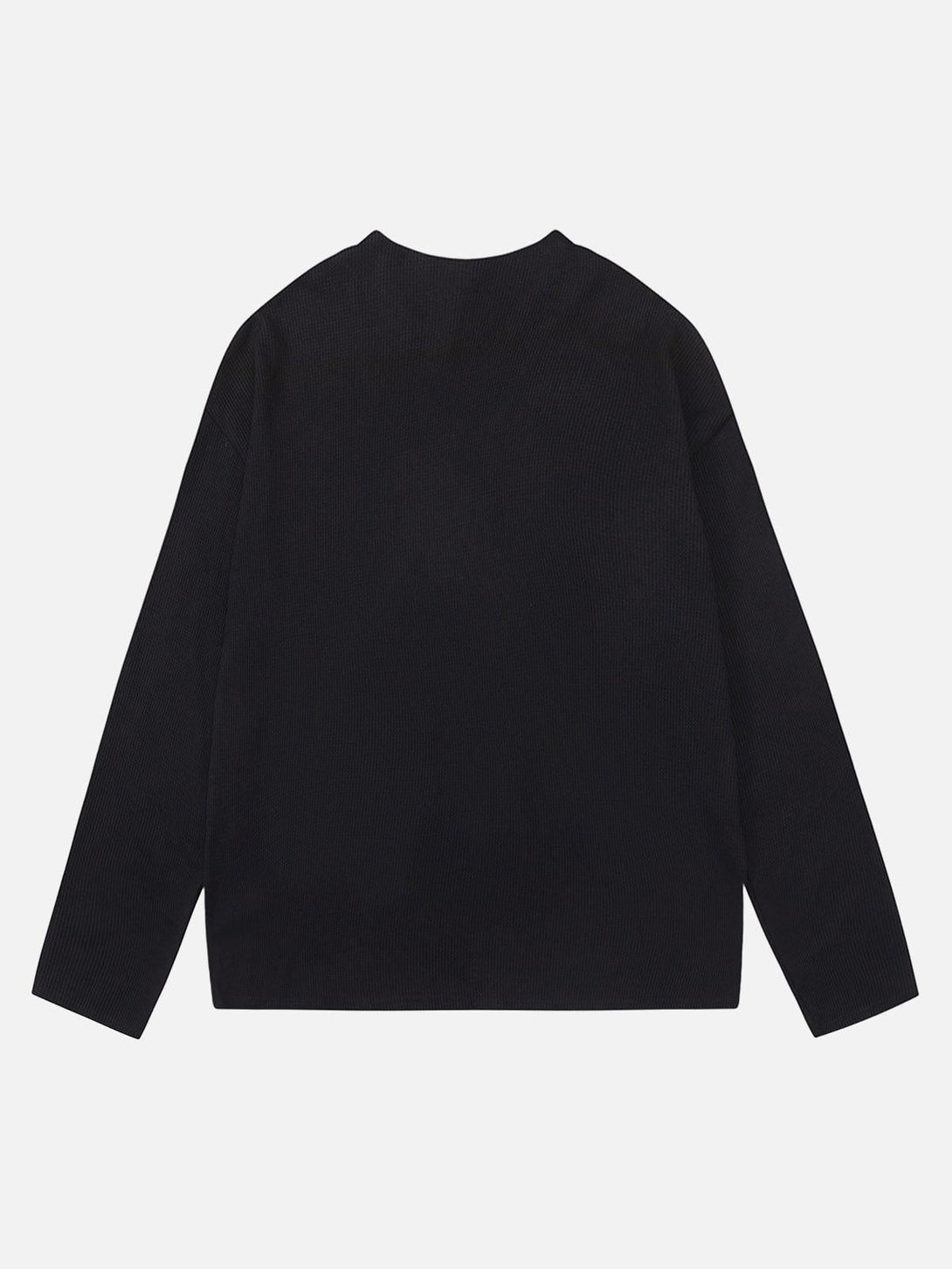 Back view of a black knitted sweater by TALISHKO, featuring a cozy crew neck design.