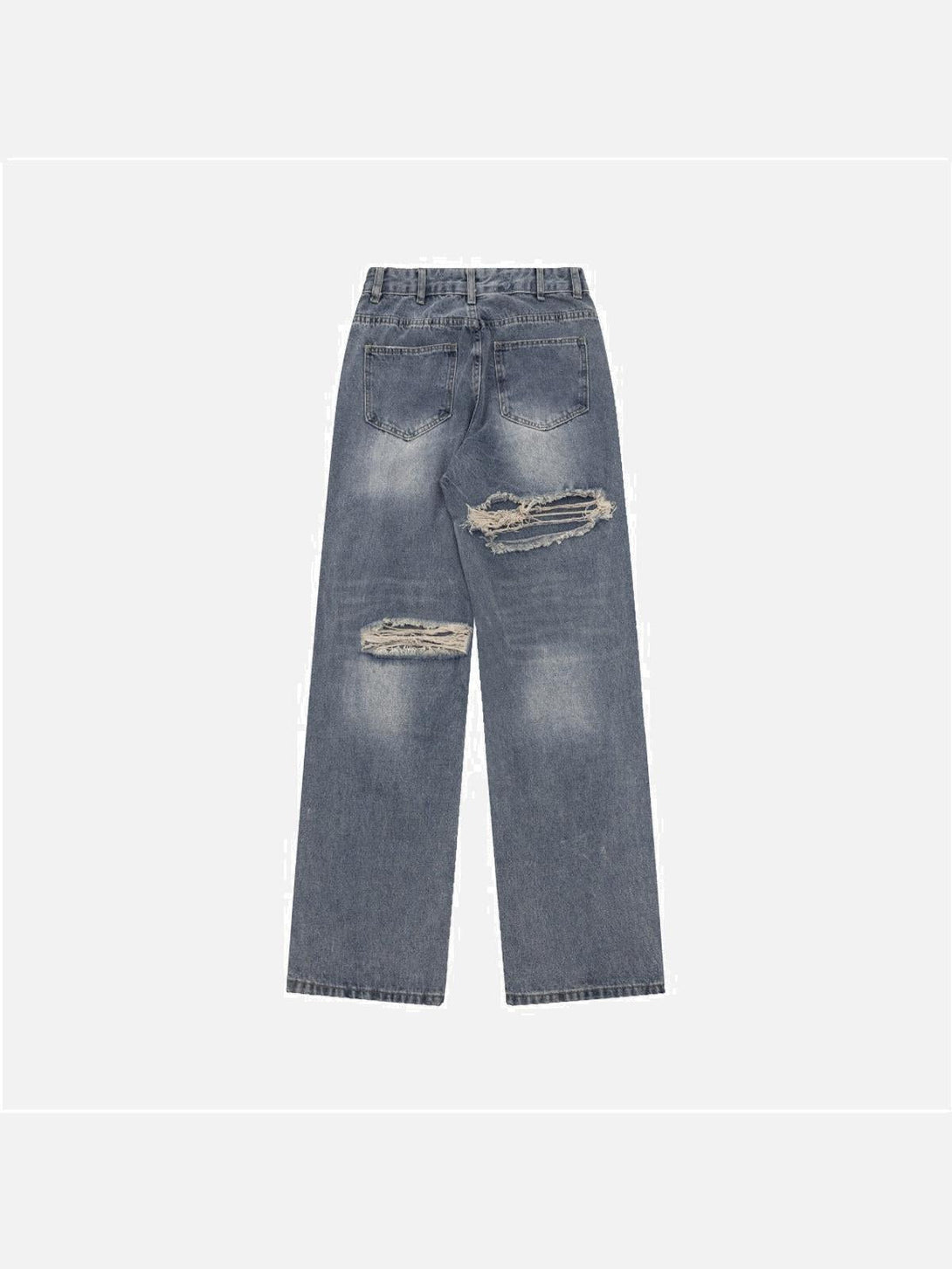 Back view of TALISHKO ripped jeans with distressed details, adding a trendy touch to any look.