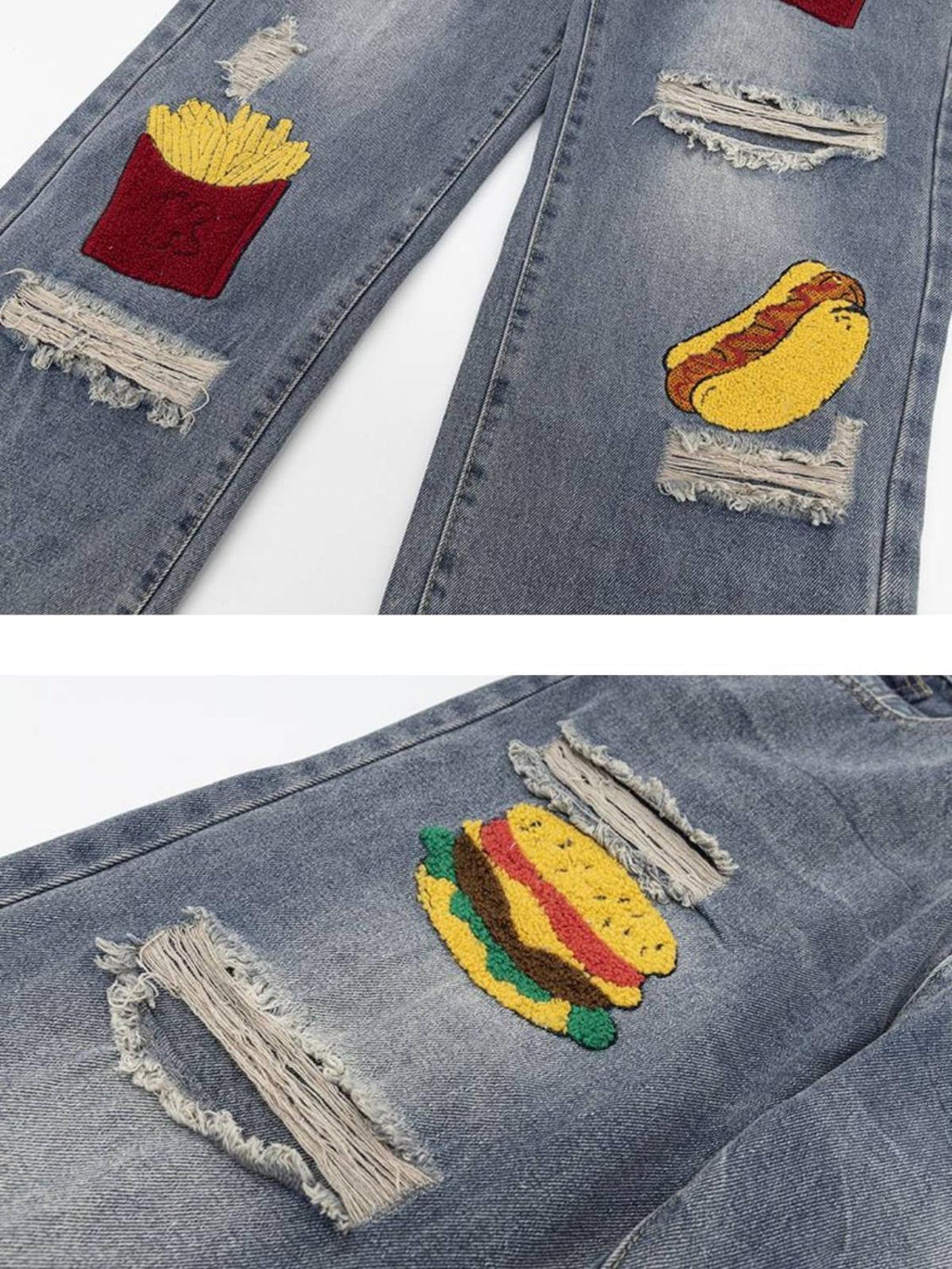 TALISHKO ripped jeans feature playful food patches and distressed details, adding quirky flair.