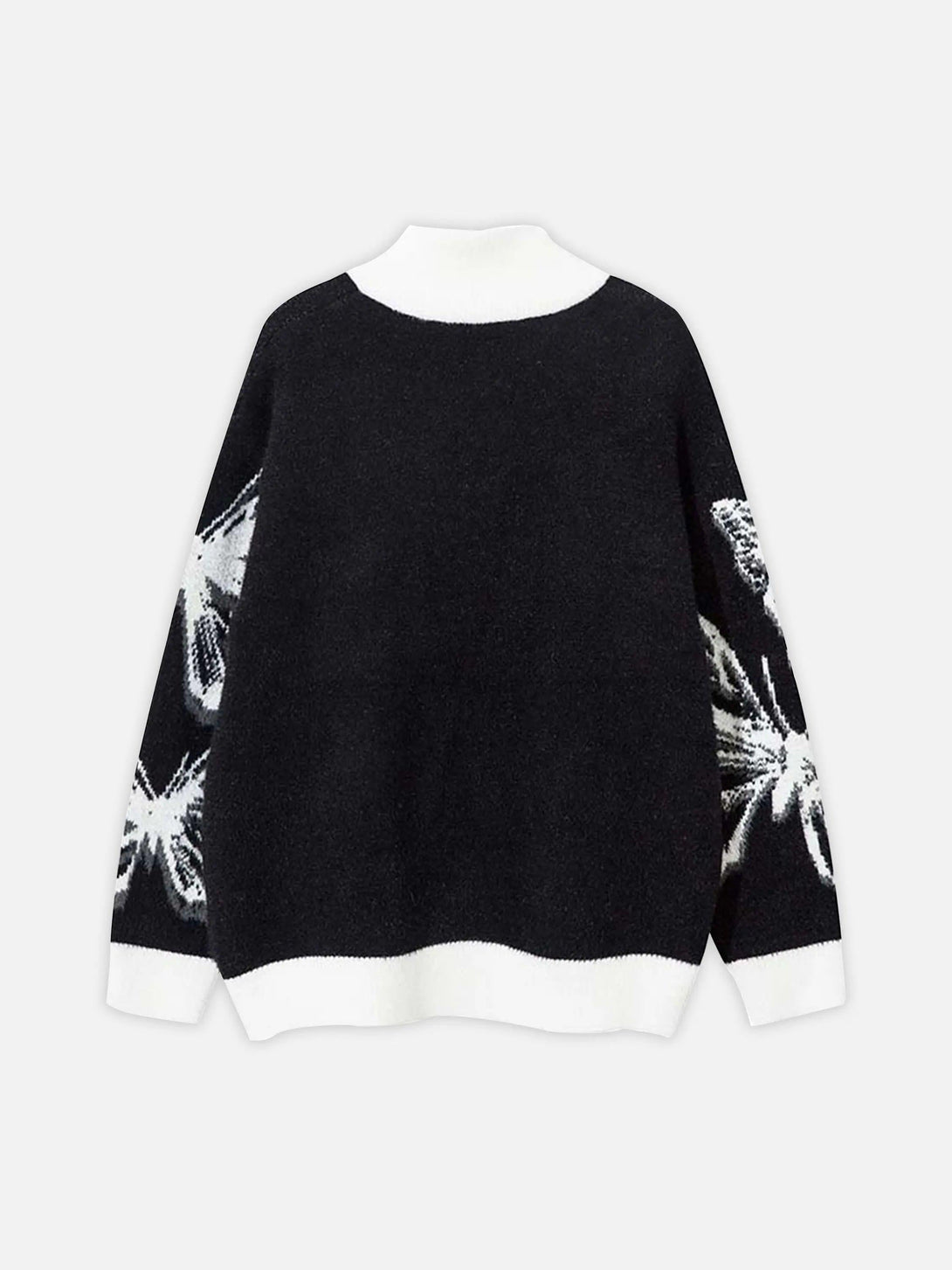 The back view of a TALISHKO cardigan showcases a striking black and white butterfly design.