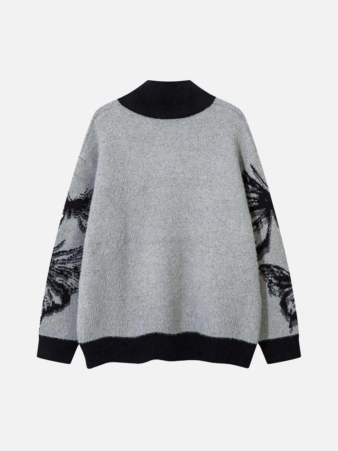 Back view of TALISHKO cardigan in gray with bold black butterfly patterns on sleeves.