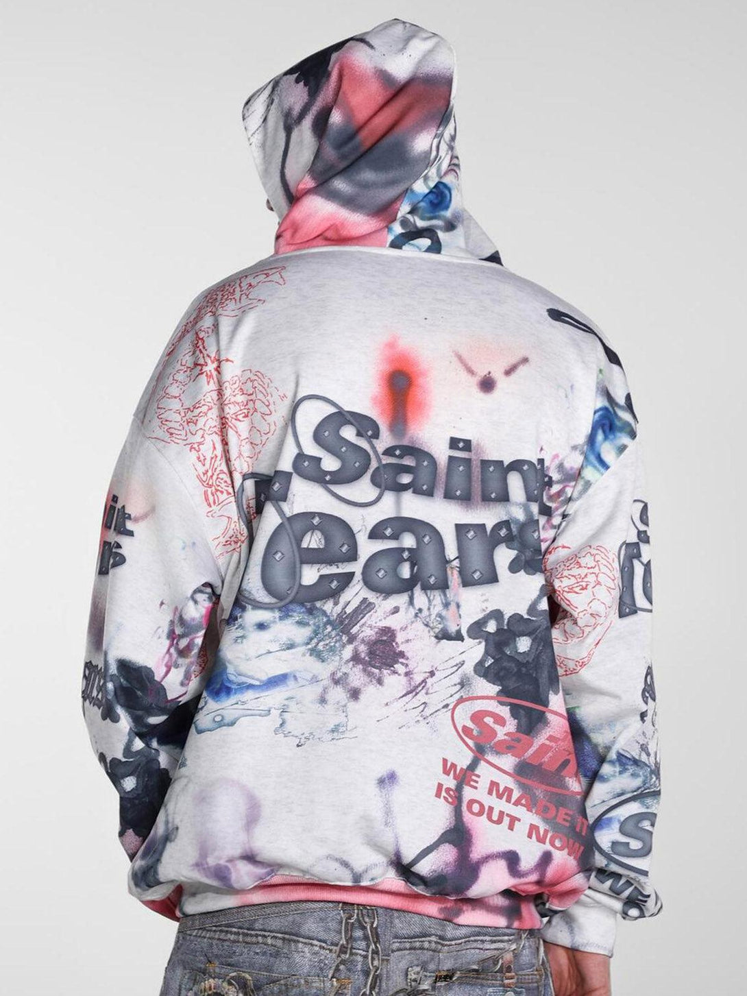 Back view of TALISHKO hand-painted graffiti hoodie, highlighting the vibrant artistic design.