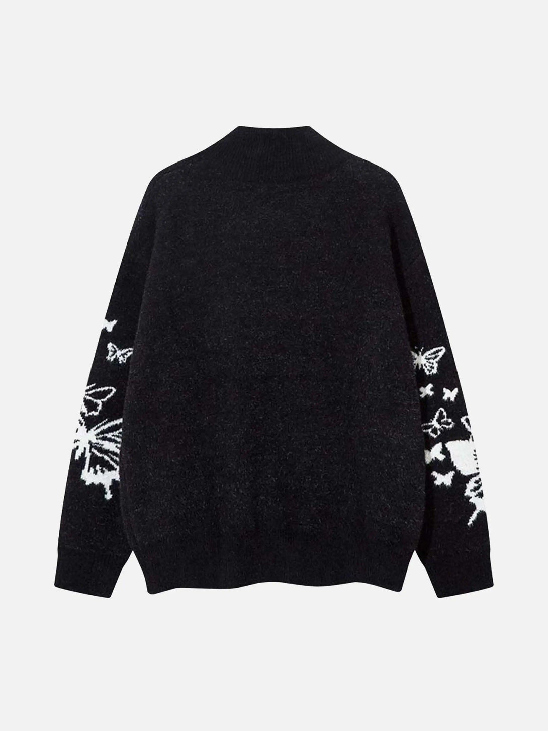 Back view of black TALISHKO cardigan with hand-painted butterfly jacquard accents on sleeves.