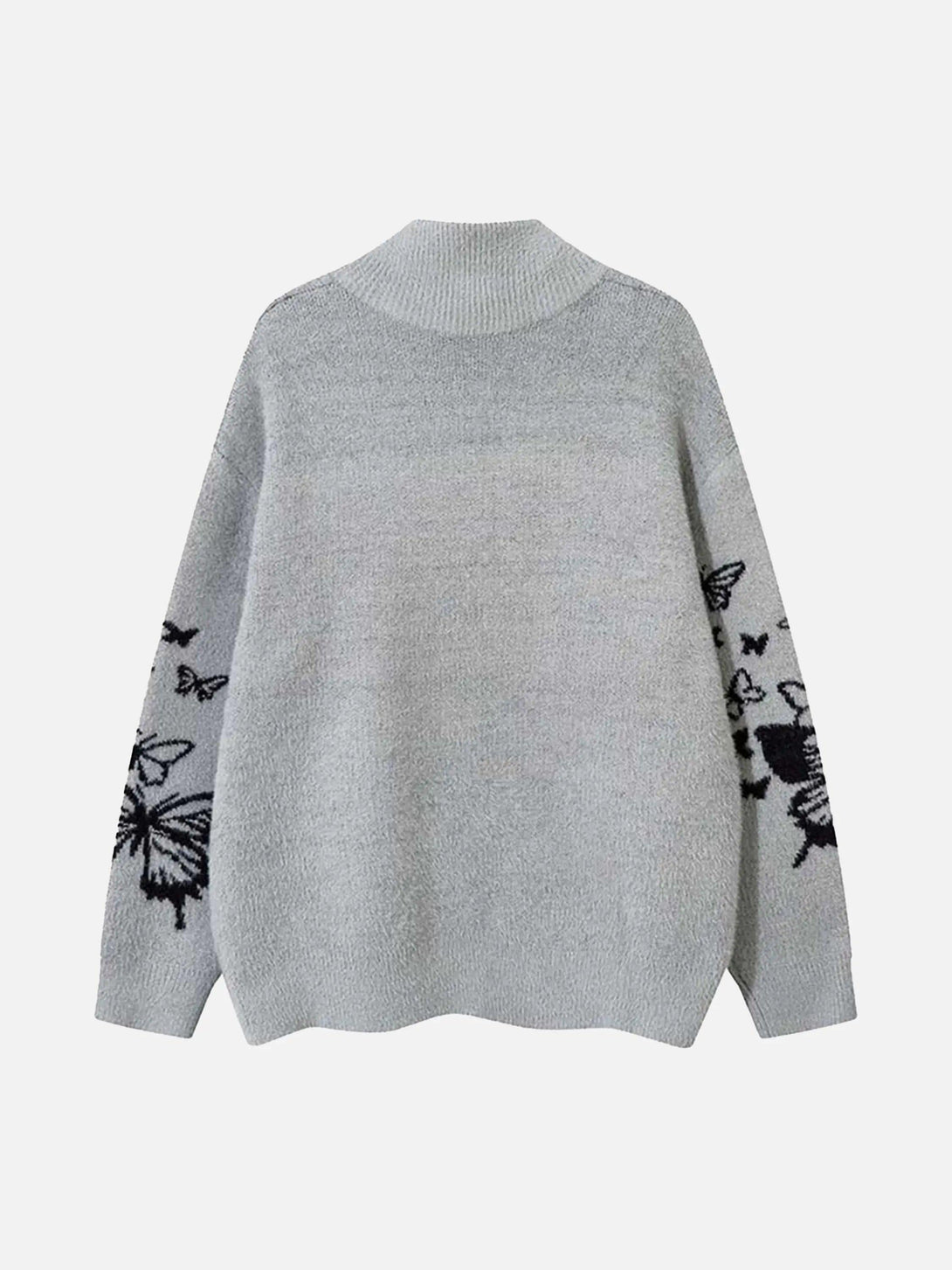 Back view of gray TALISHKO cardigan with butterfly jacquard details on the sleeves.