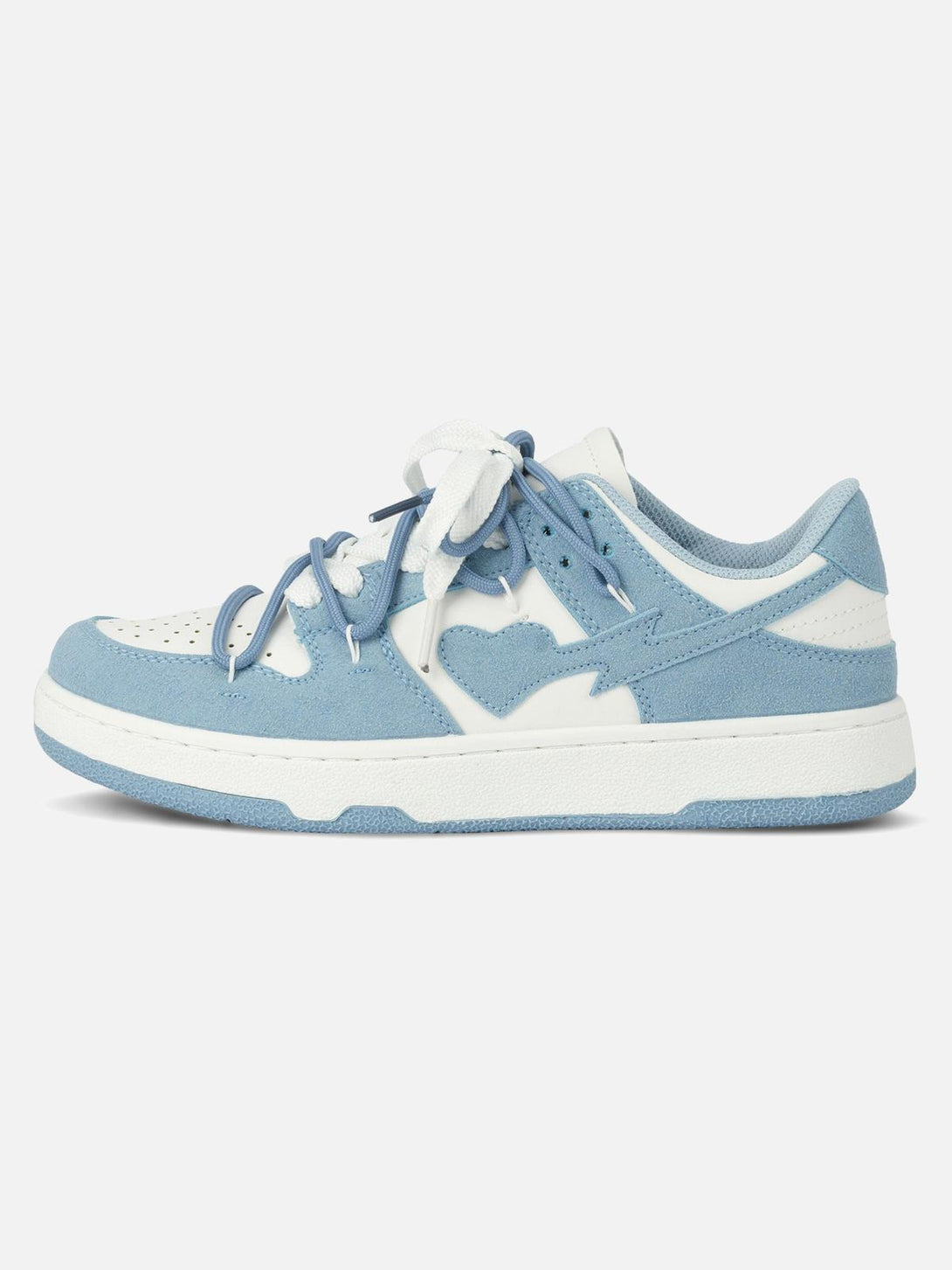 Side view of TALISHKO blue board shoes with love-themed detailing and breathable design.