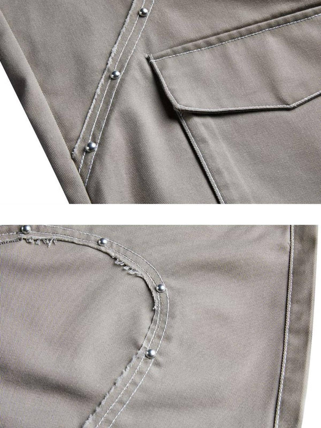 Intricate look at TALISHKO jeans' heart rivets and multi-pocket design with detailed stitching.