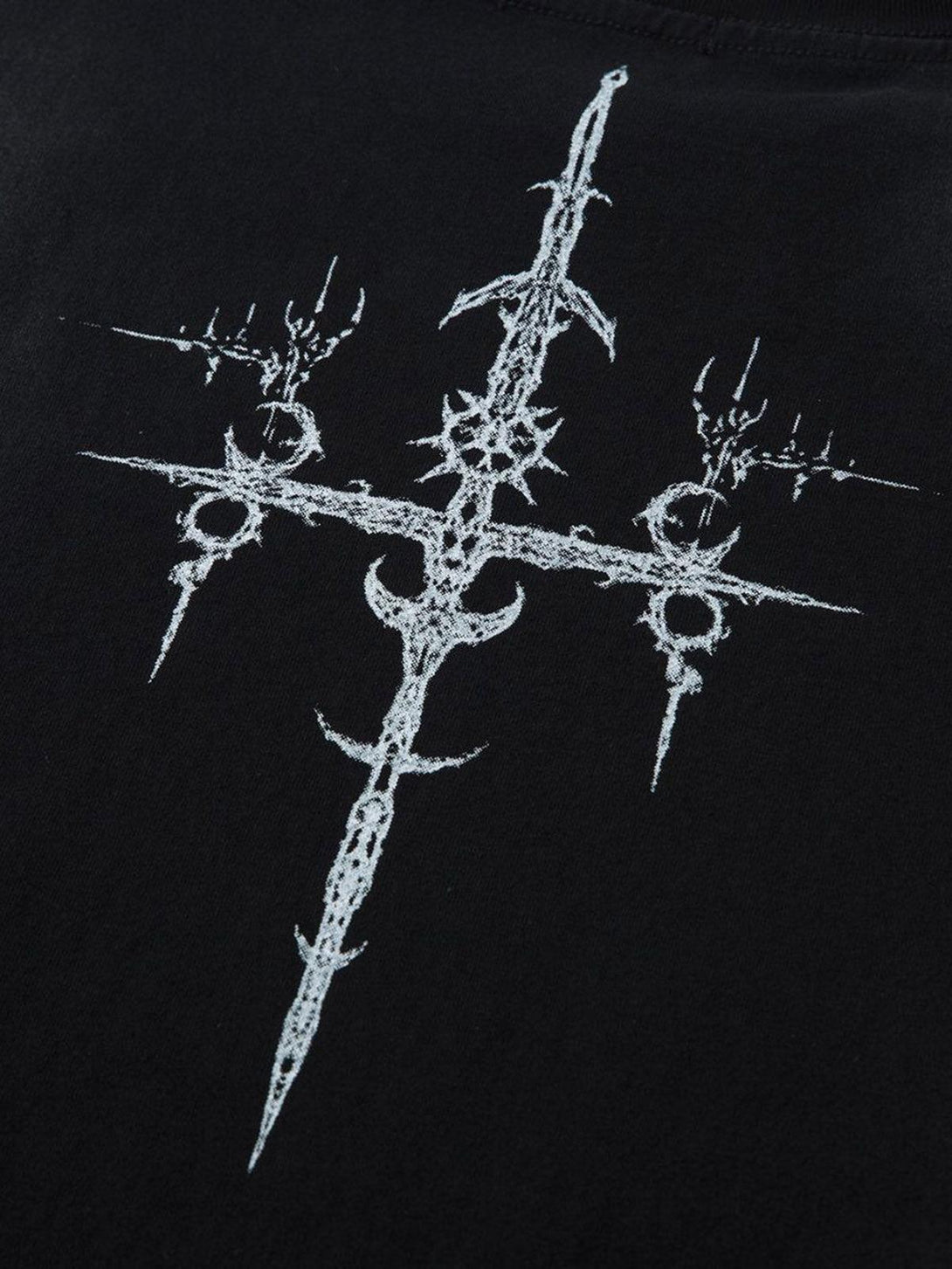 Intricate look at the cross shield design on TALISHKO's heavy cotton T-shirt.
