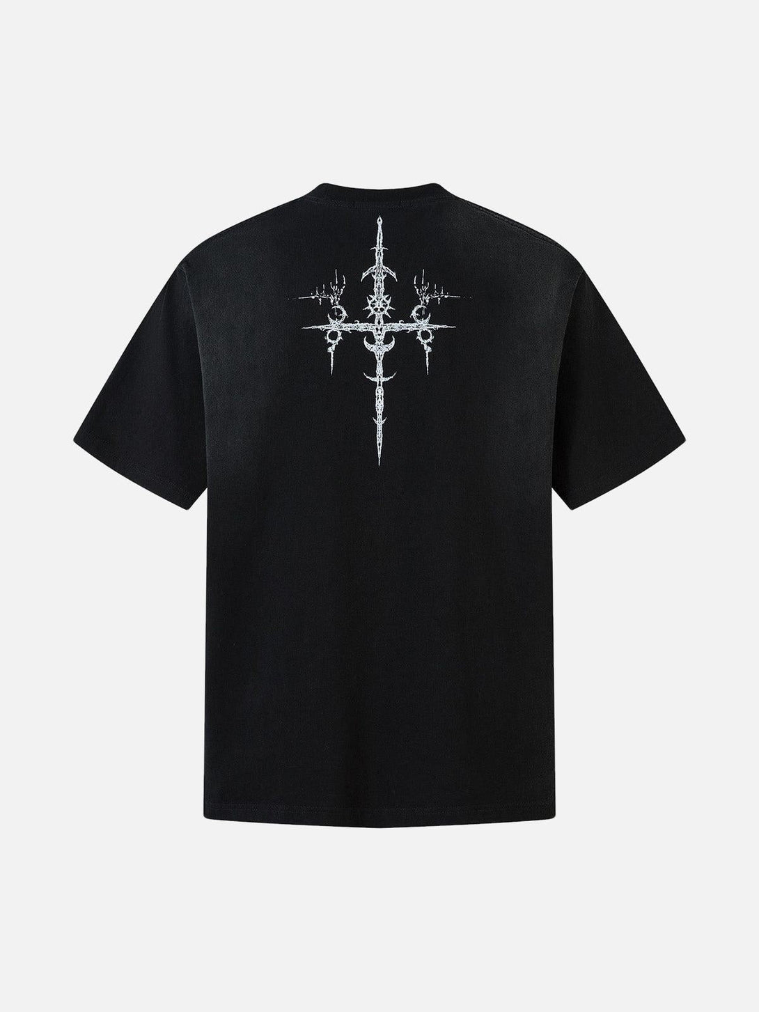 Back view of black TALISHKO T-shirt with intricate cross shield design, perfect for casual outfits.