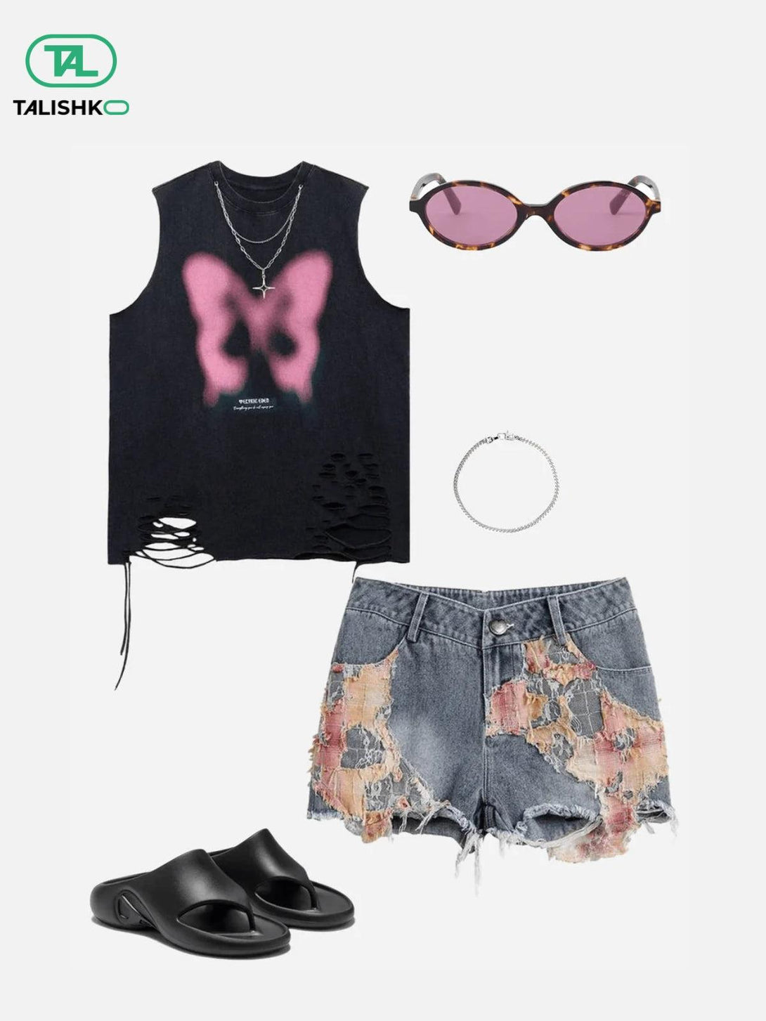 Edgy summer outfit featuring TALISHKO distressed tank and shorts with bold accessories.