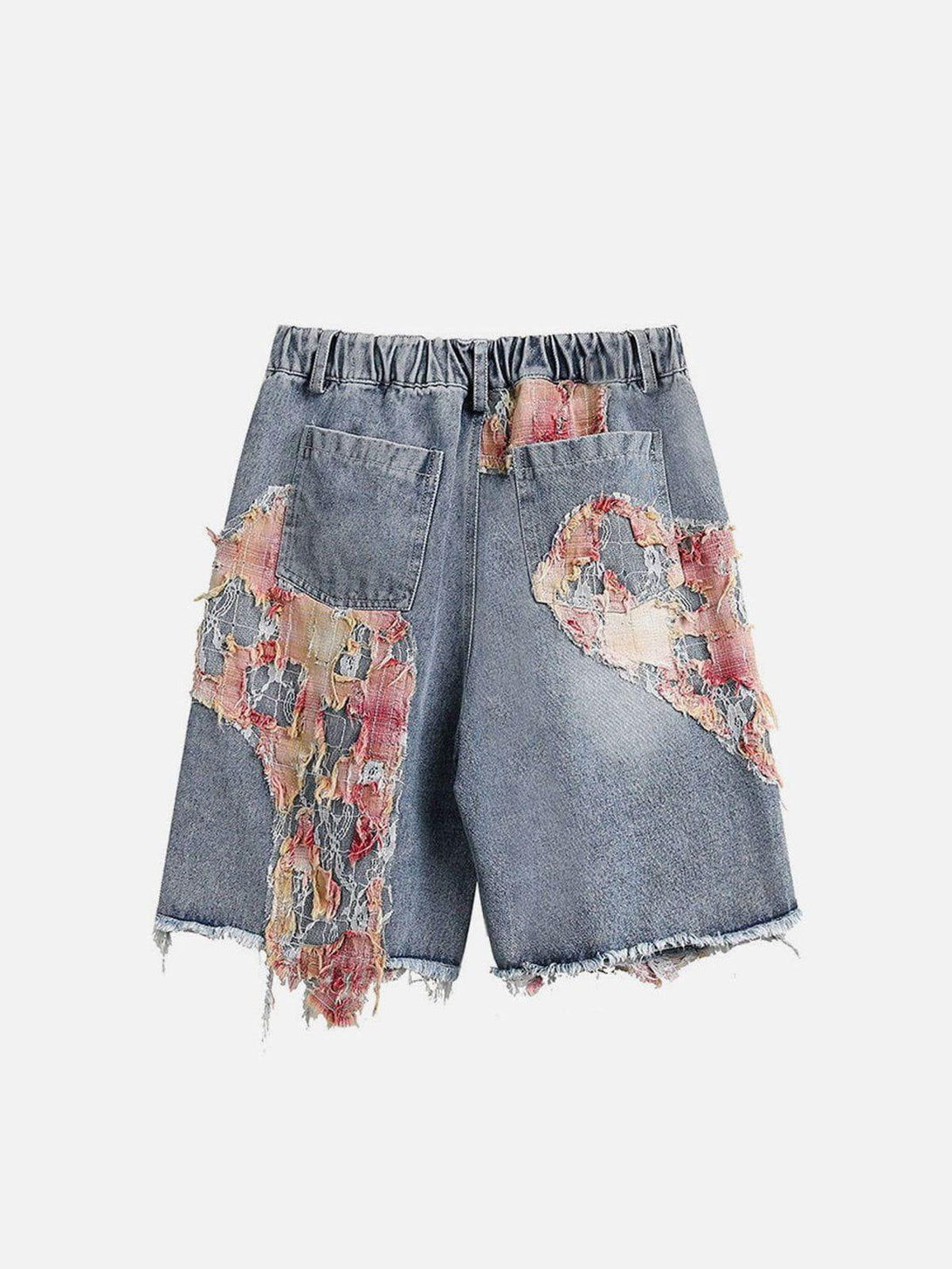 Back view of TALISHKO denim jorts with unique lace patchwork and frayed hem detailing.