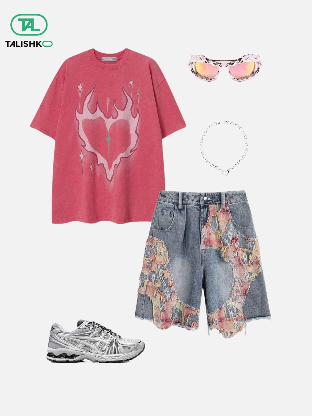 TALISHKO red graphic tee paired with lace-detailed denim shorts and sneakers, styled for a casual look.