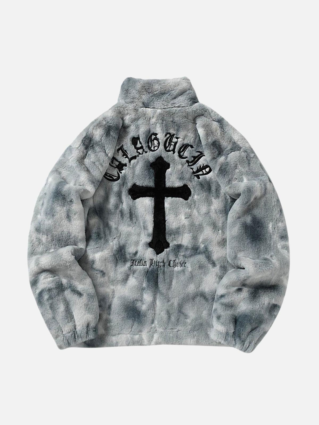 Back view of TALISHKO's urban tie-dye jacket in plush faux lambswool with bold cross detail.