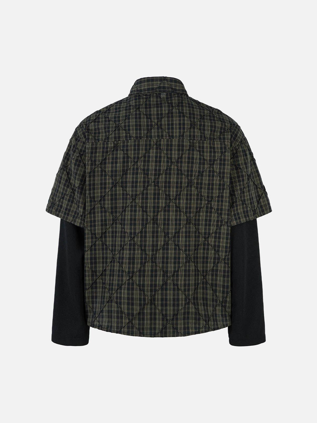 Back view of a plaid pleated polo shirt by TALISHKO, featuring a layered faux two-piece design.