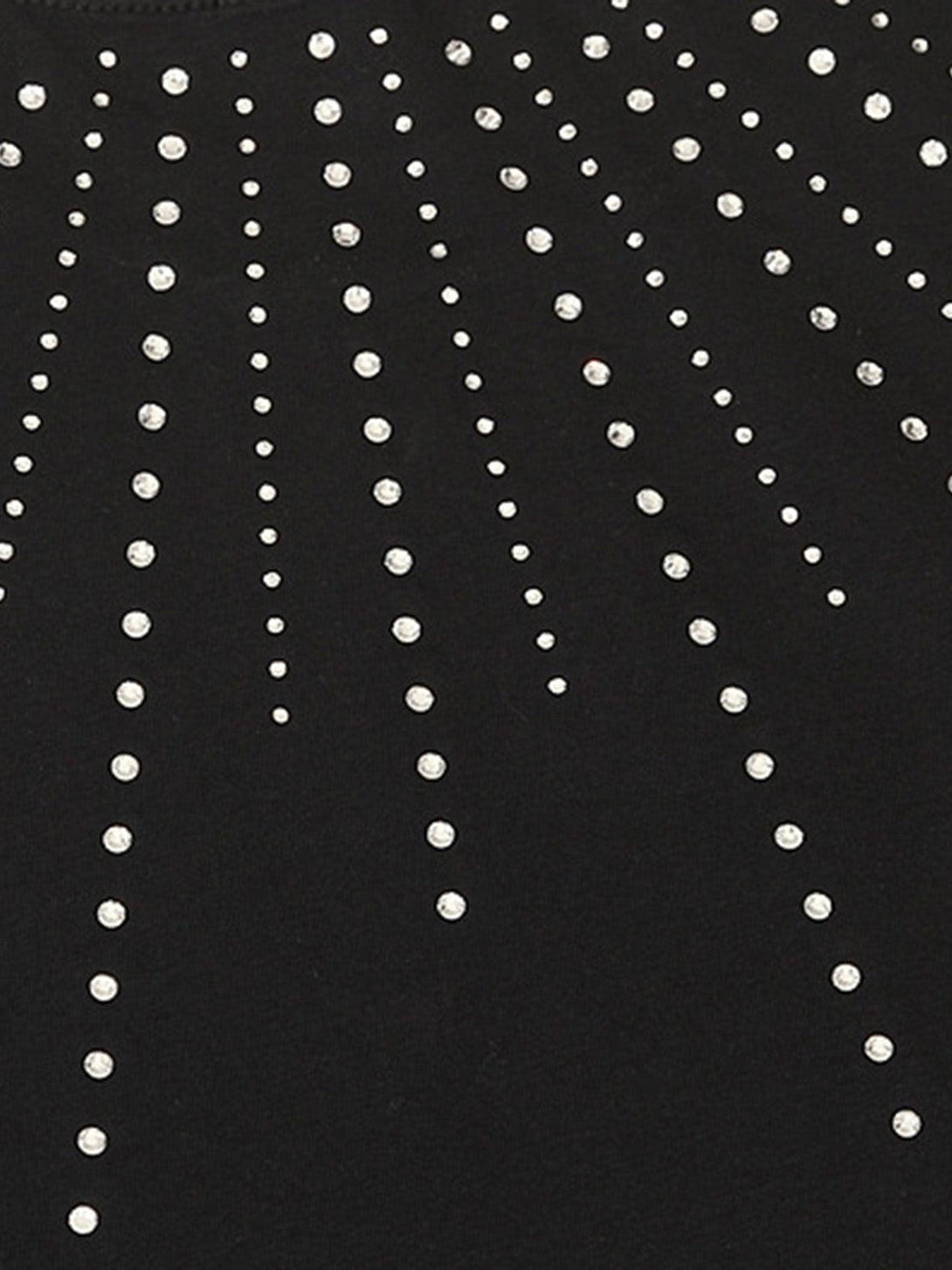 A detailed look at the radiant rhinestone pattern on TALISHKO's black T-shirt.