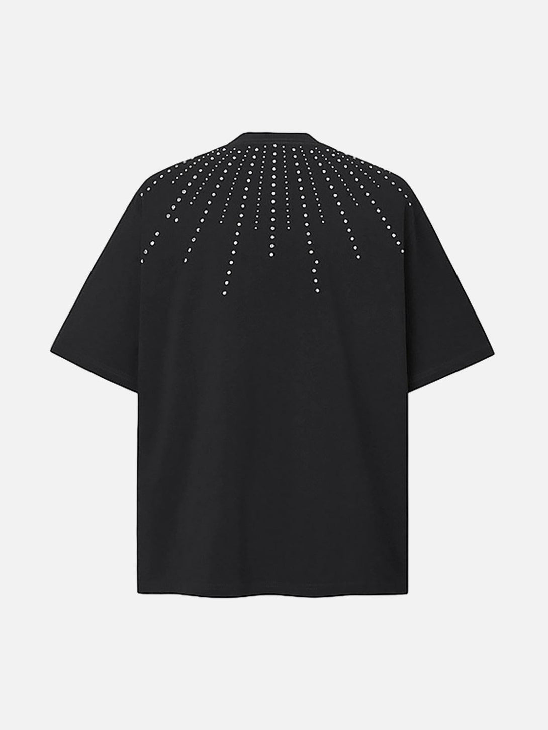Back view of TALISHKO's black T-shirt with radiant rhinestone design on the shoulders.