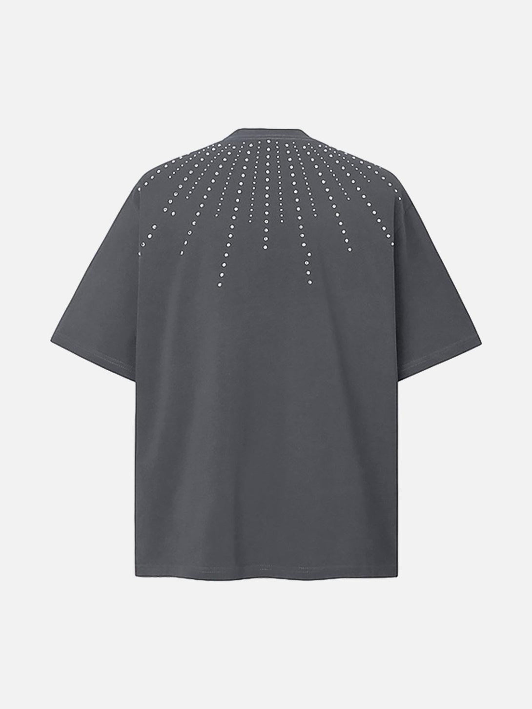 Back view of TALISHKO's dark gray T-shirt featuring a striking rhinestone pattern on the shoulders.
