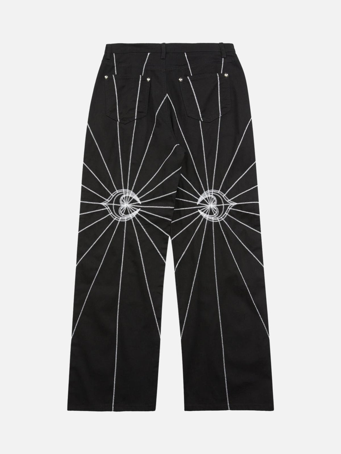 Back view of black jeans featuring spider web embroidery by TALISHKO, offering a bold design.