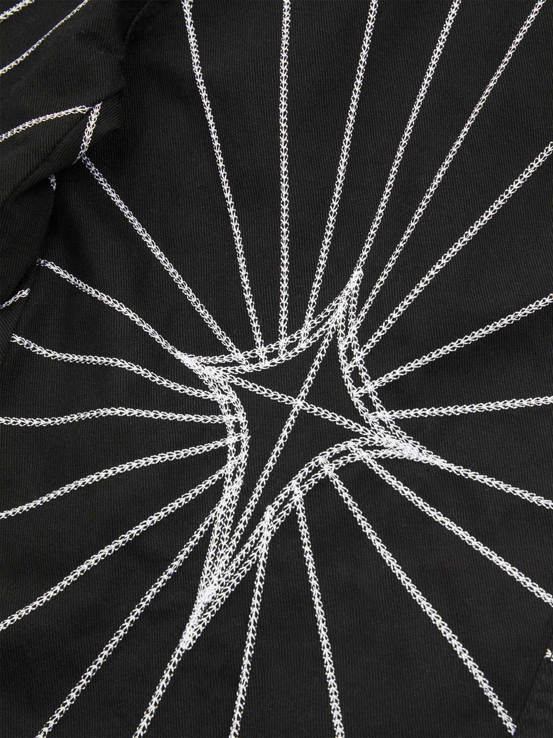 Detailed fabric and stitching on TALISHKO jeans, showcasing spider web embroidery design.