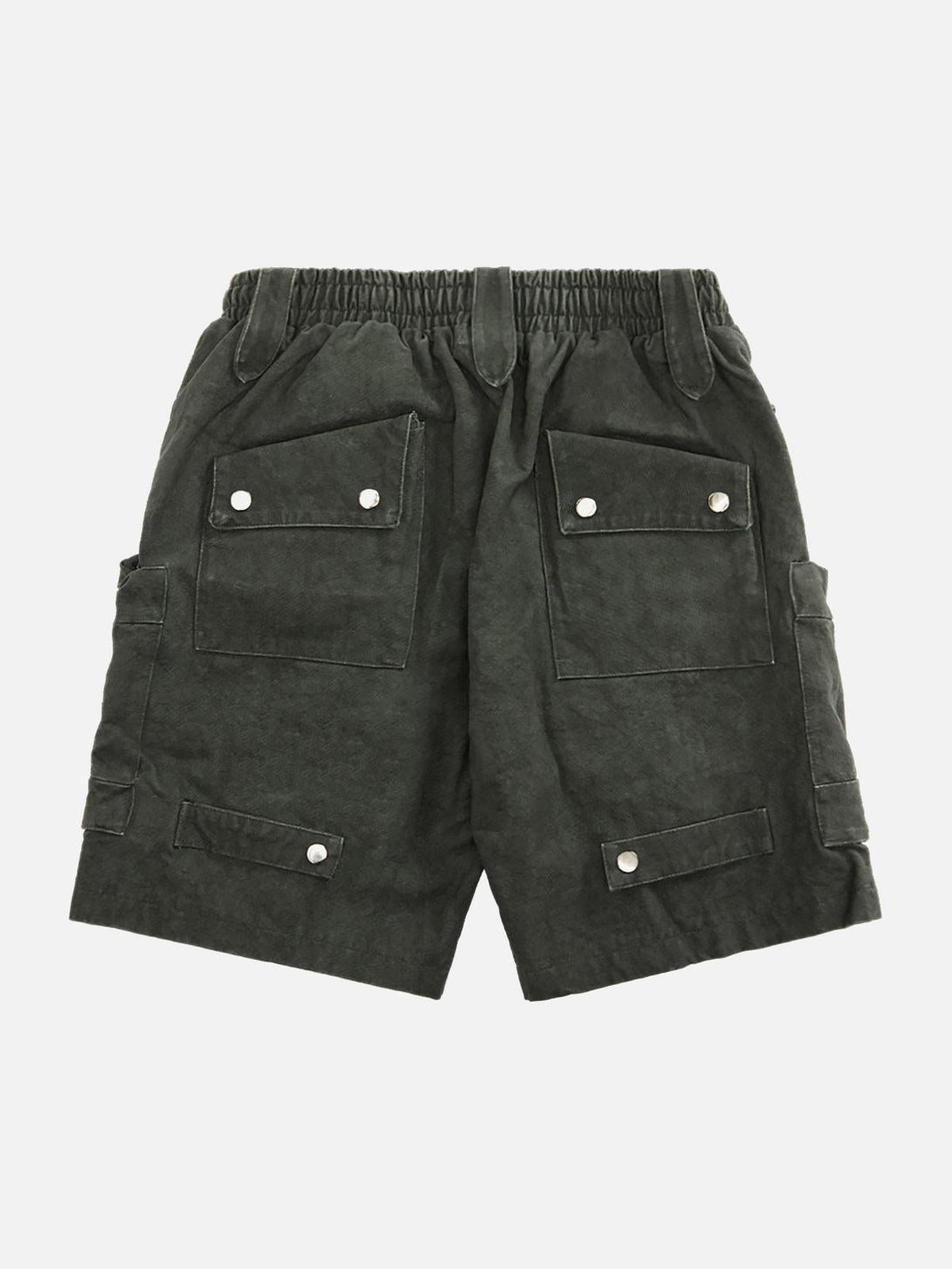 Back view of TALISHKO's washed shorts featuring multiple pockets and a tie-dye pattern.