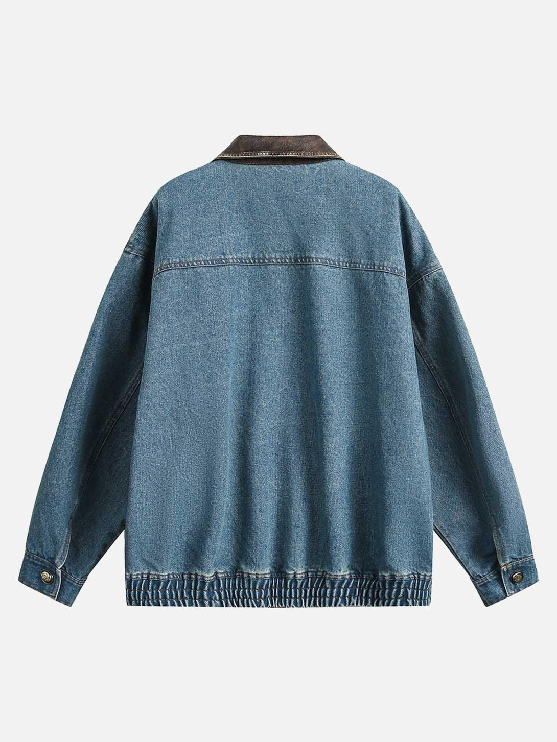 Back view of TALISHKO's heavy washed denim work jacket with contrasting collar detail.