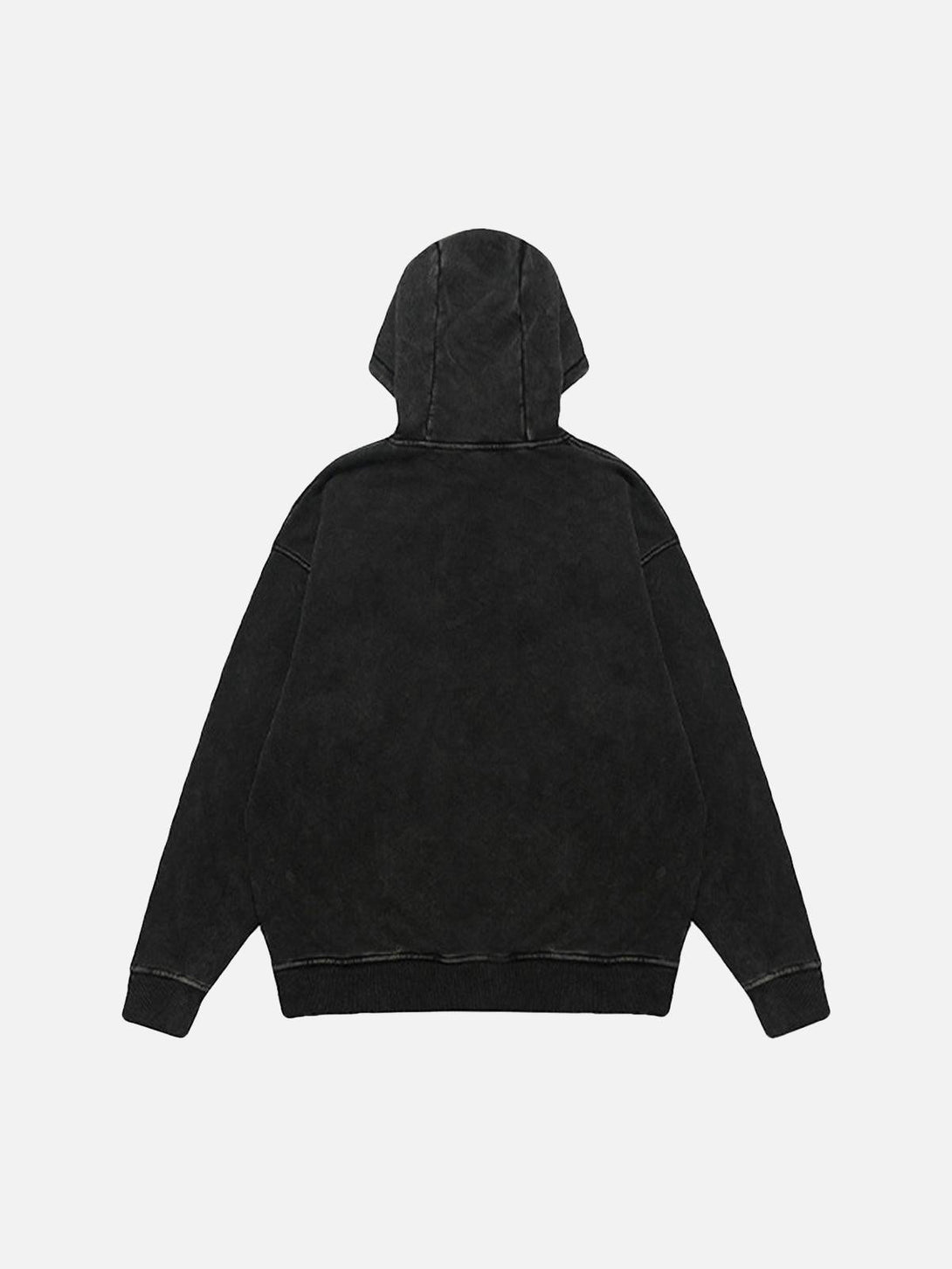 Back view of a TALISHKO fleece hoodie in black, featuring a heavy washed texture.