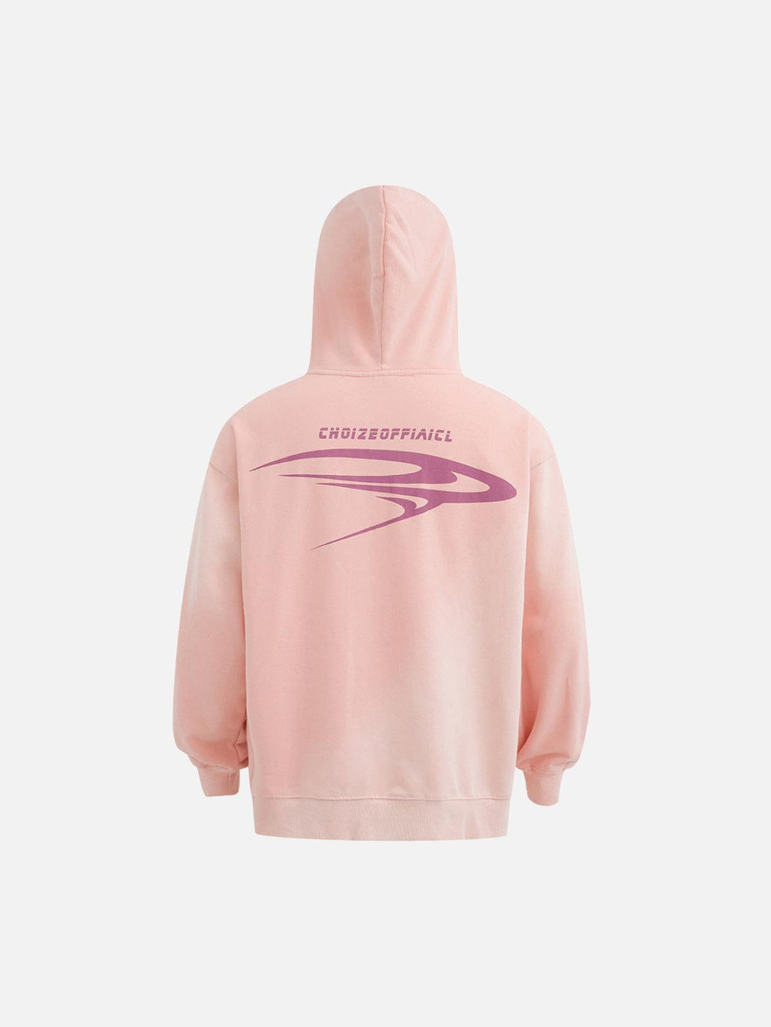 Back view of a pink TALISHKO hoodie featuring bold lettering and a sleek graphic design.