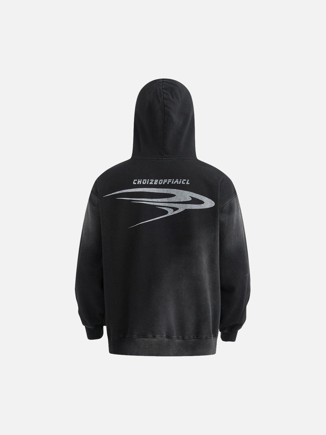 Back view of a TALISHKO heavy washed hoodie with bold lettering and sleek graphic details.