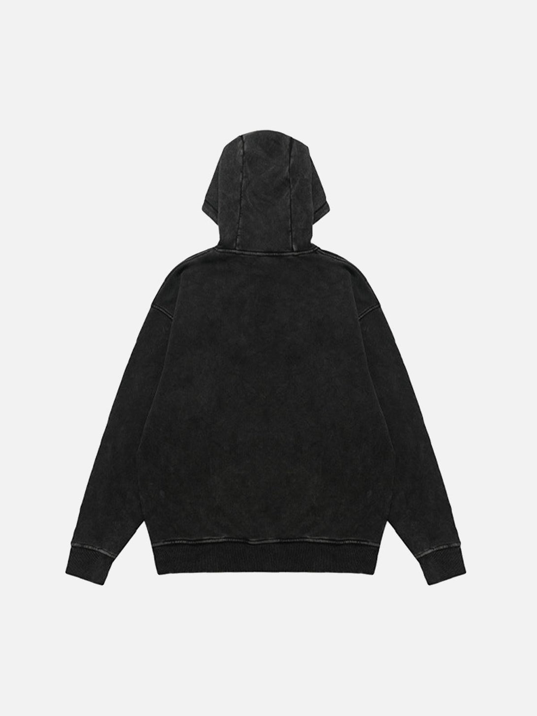 Back view of a black fleece hoodie by TALISHKO, showcasing its heavy washed texture.