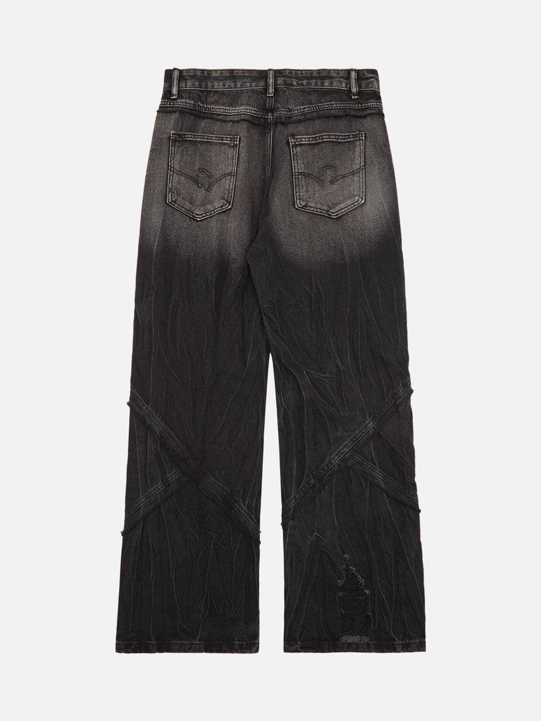 Back view of TALISHKO hip-hop jeans featuring heavy wash and unique plaid stitching.