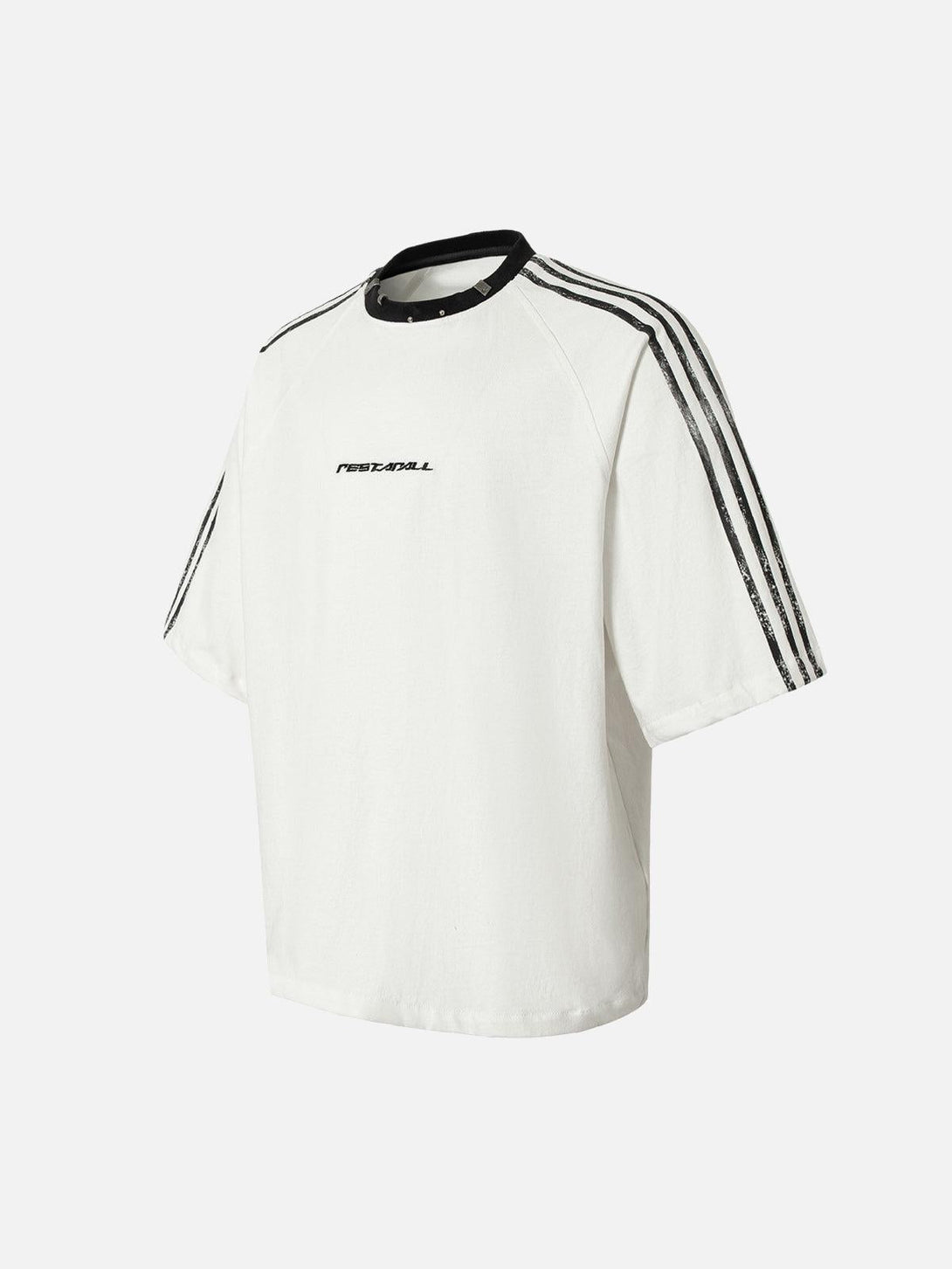Side view of a TALISHKO white T-shirt with black sporty stripes and a metal collar detail.
