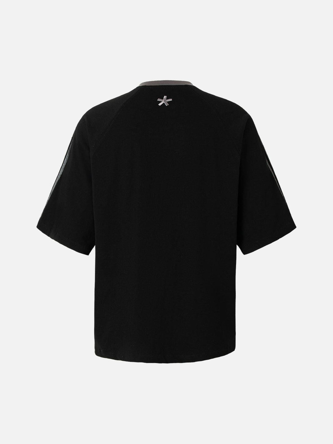 Back view of black TALISHKO T-shirt with unique metal collar detail and subtle design.
