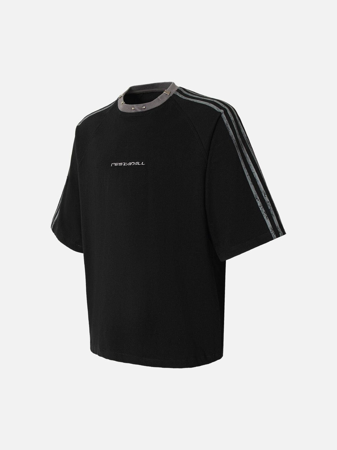 Side view of black TALISHKO T-shirt showcasing metal collar and sporty stripe accents.