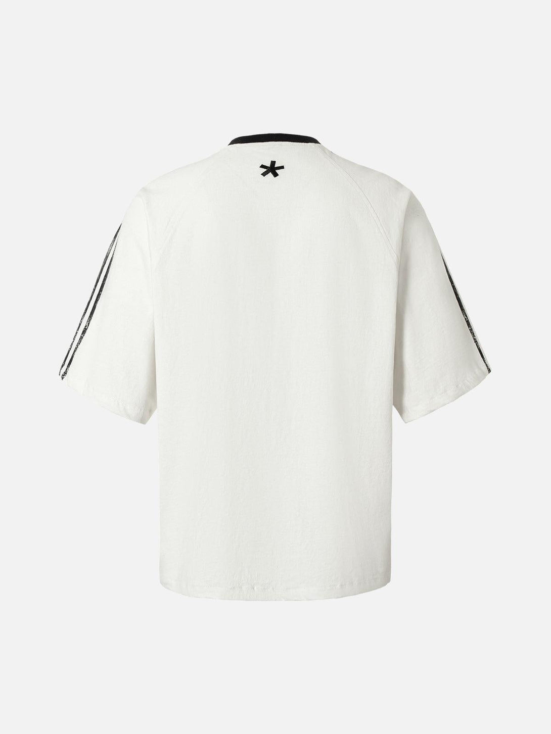 Back view of TALISHKO T-shirt in white, featuring sporty stripes and a distinct collar design.