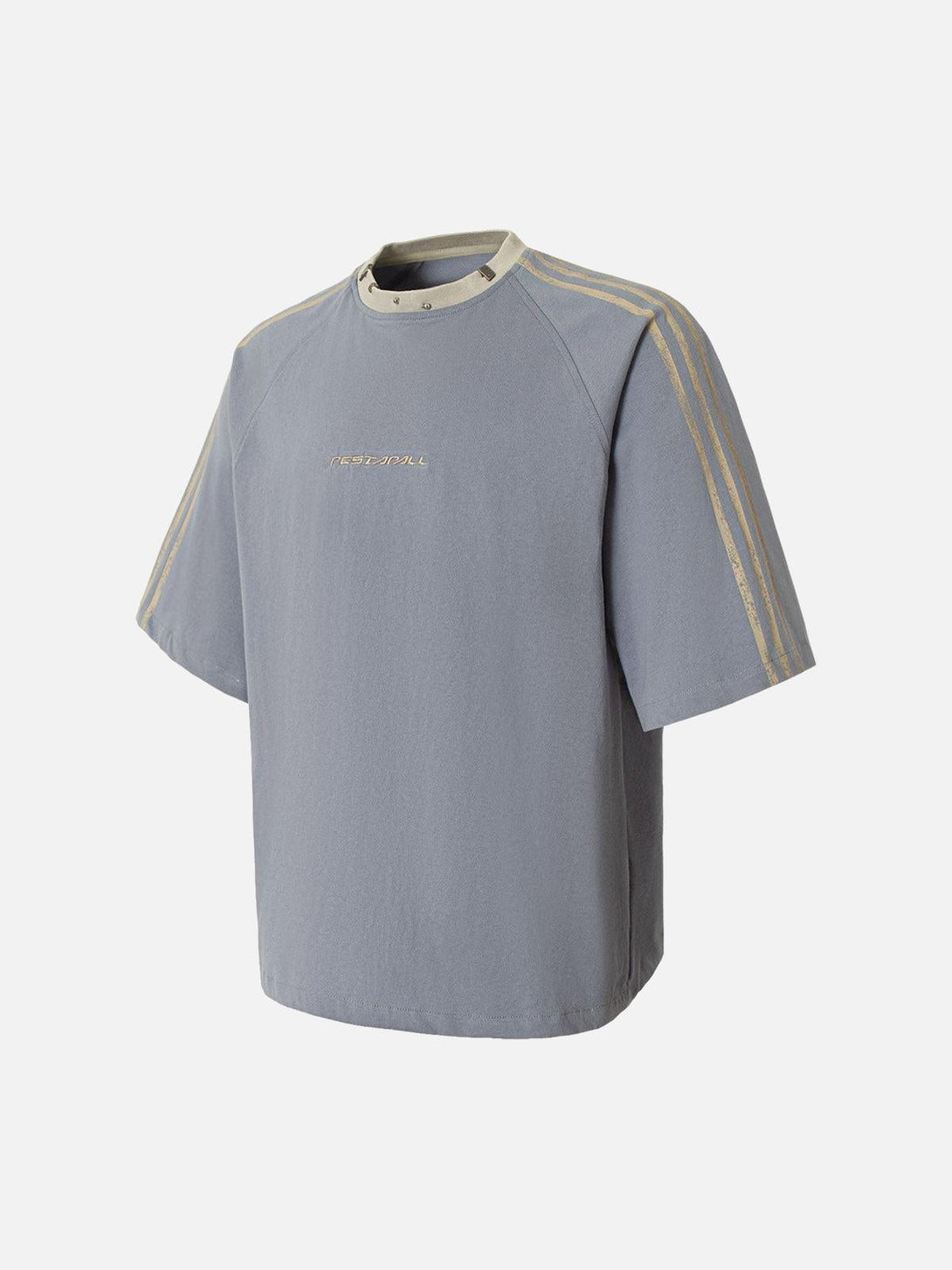 Side angle of a TALISHKO heavy washed T-shirt with a metal collar and sporty stripes.