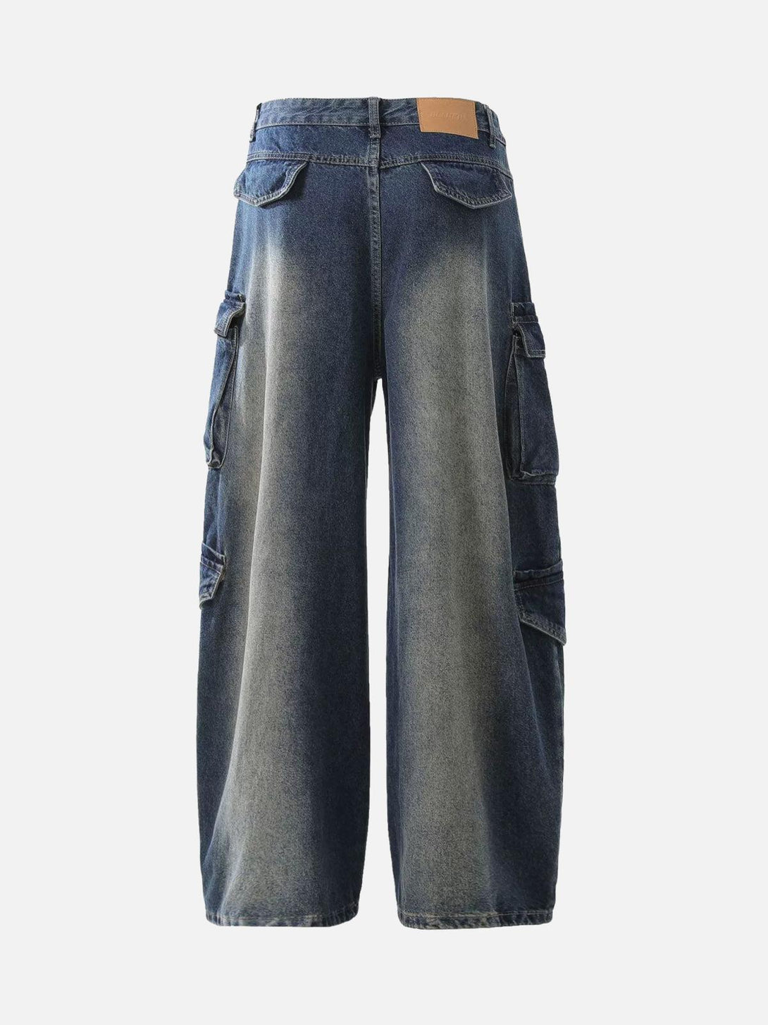 Back view of TALISHKO's heavy washed baggy barrel jeans with workwear pockets detailing.