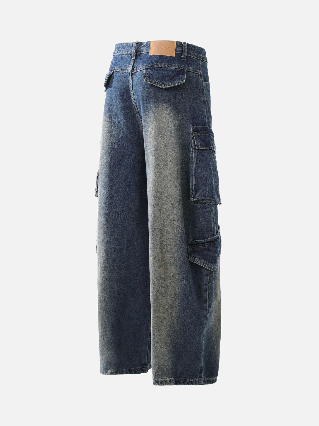 Back view of TALISHKO's heavy washed denim cargo jeans highlighting spacious workwear pockets.