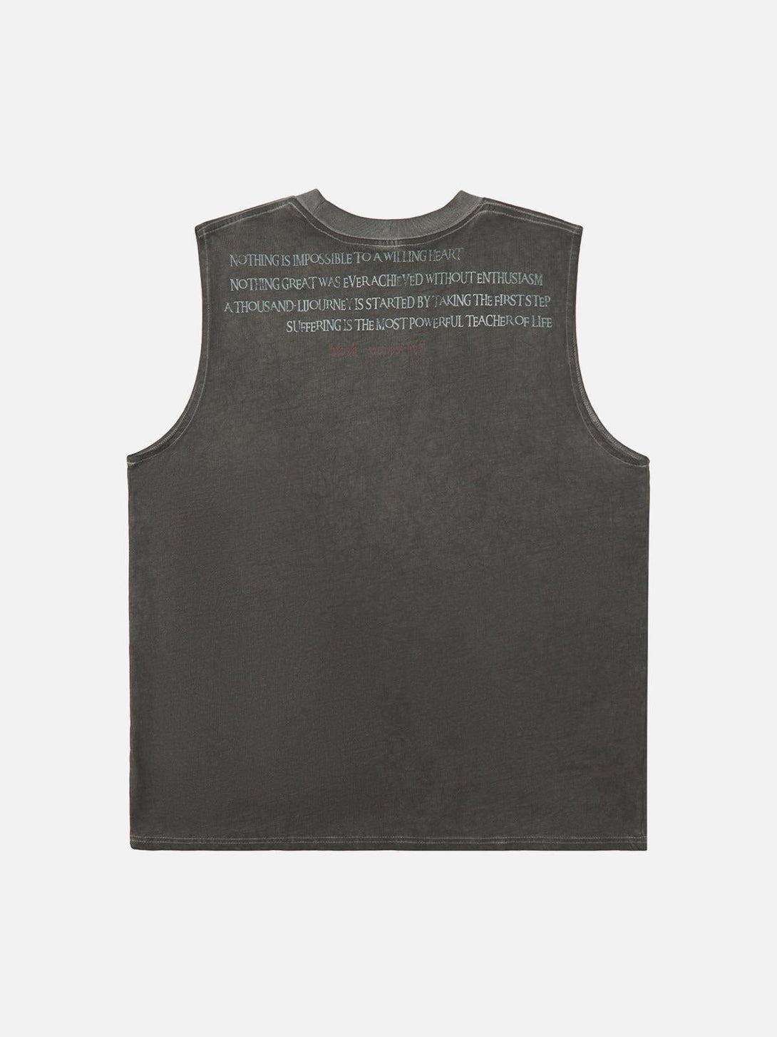 Back view of dark gray vest with motivational quotes, crafted by TALISHKO for casual wear.