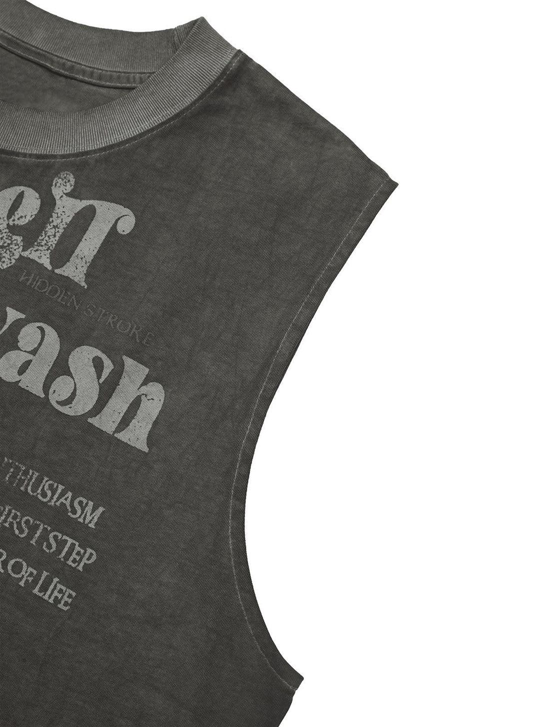 A detailed view of TALISHKO's washed gray vest, highlighting retro typography and stitching.
