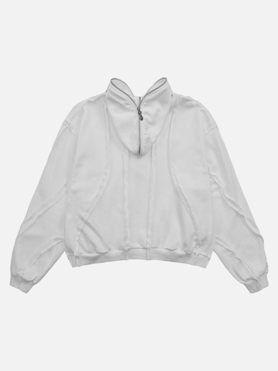 Back view of a white heavyweight batik washed distressed hoodie by TALISHKO.