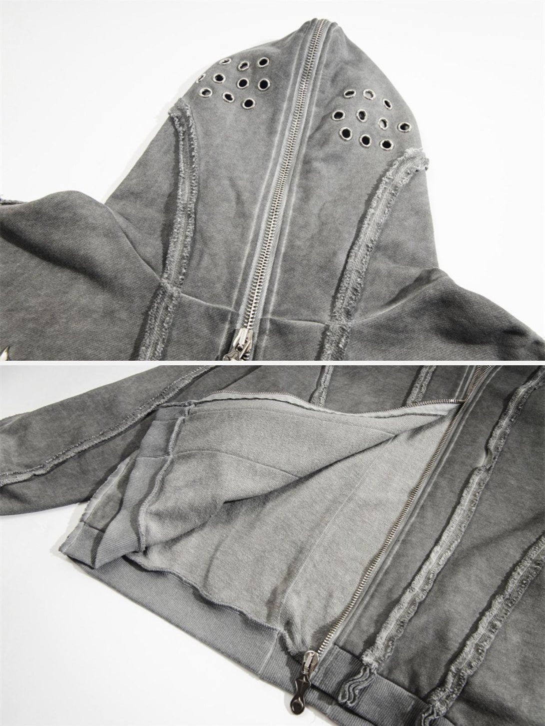Intricate grommet details and zipper design on a gray distressed hoodie by TALISHKO.