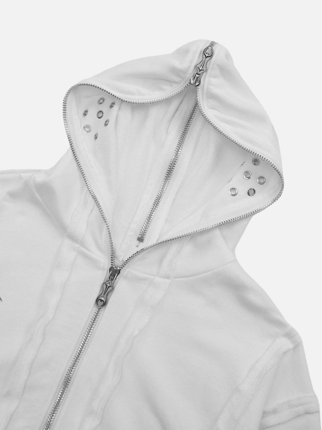 Detailed look at the grommet and zipper design on a white hoodie by TALISHKO.