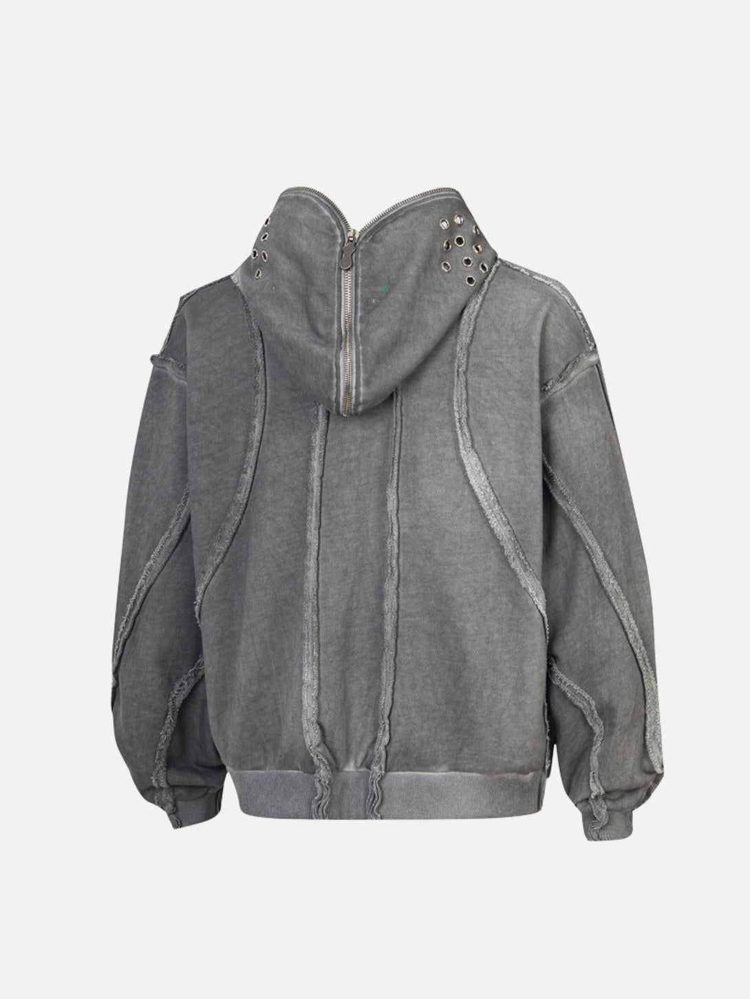 Back view of a gray heavyweight batik washed distressed hoodie featuring grommet details by TALISHKO.