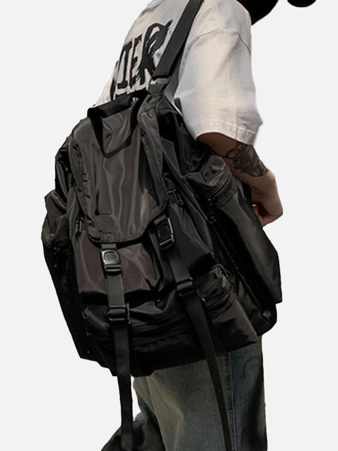 A spacious high-capacity backpack by TALISHKO, worn over a casual outfit, perfect for everyday use.