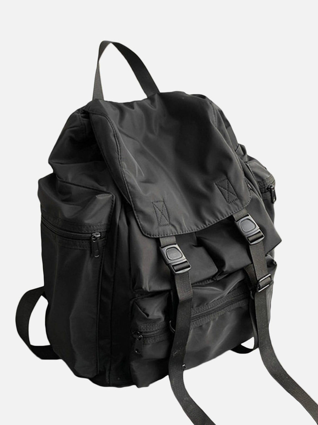 A sleek black high-capacity backpack by TALISHKO, showcasing side view with secure straps.
