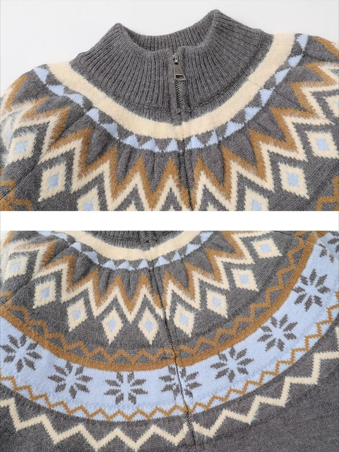 A detailed view of TALISHKO's gray high-neck sweater showcasing intricate diamond jacquard pattern.