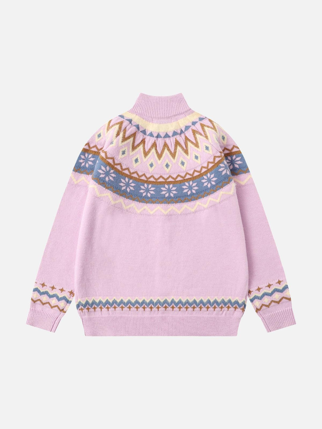 Back view of TALISHKO's high-neck knit sweater in soft pink with intricate jacquard pattern.