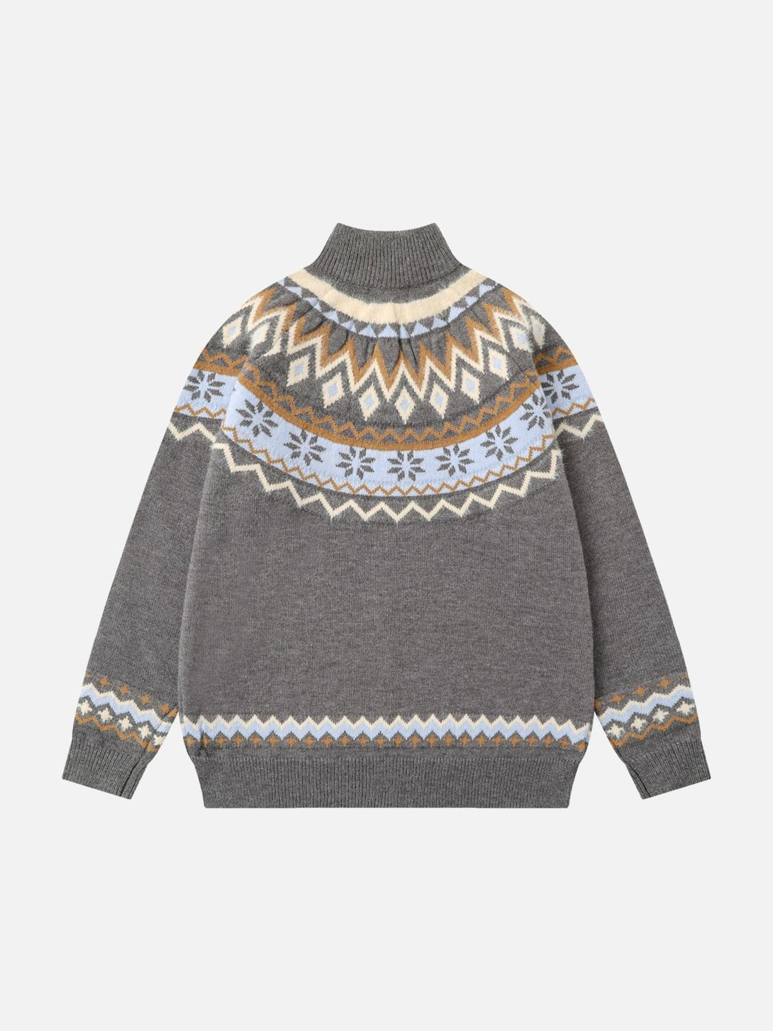 Back view of TALISHKO's gray high-neck sweater featuring a diamond weave jacquard pattern.