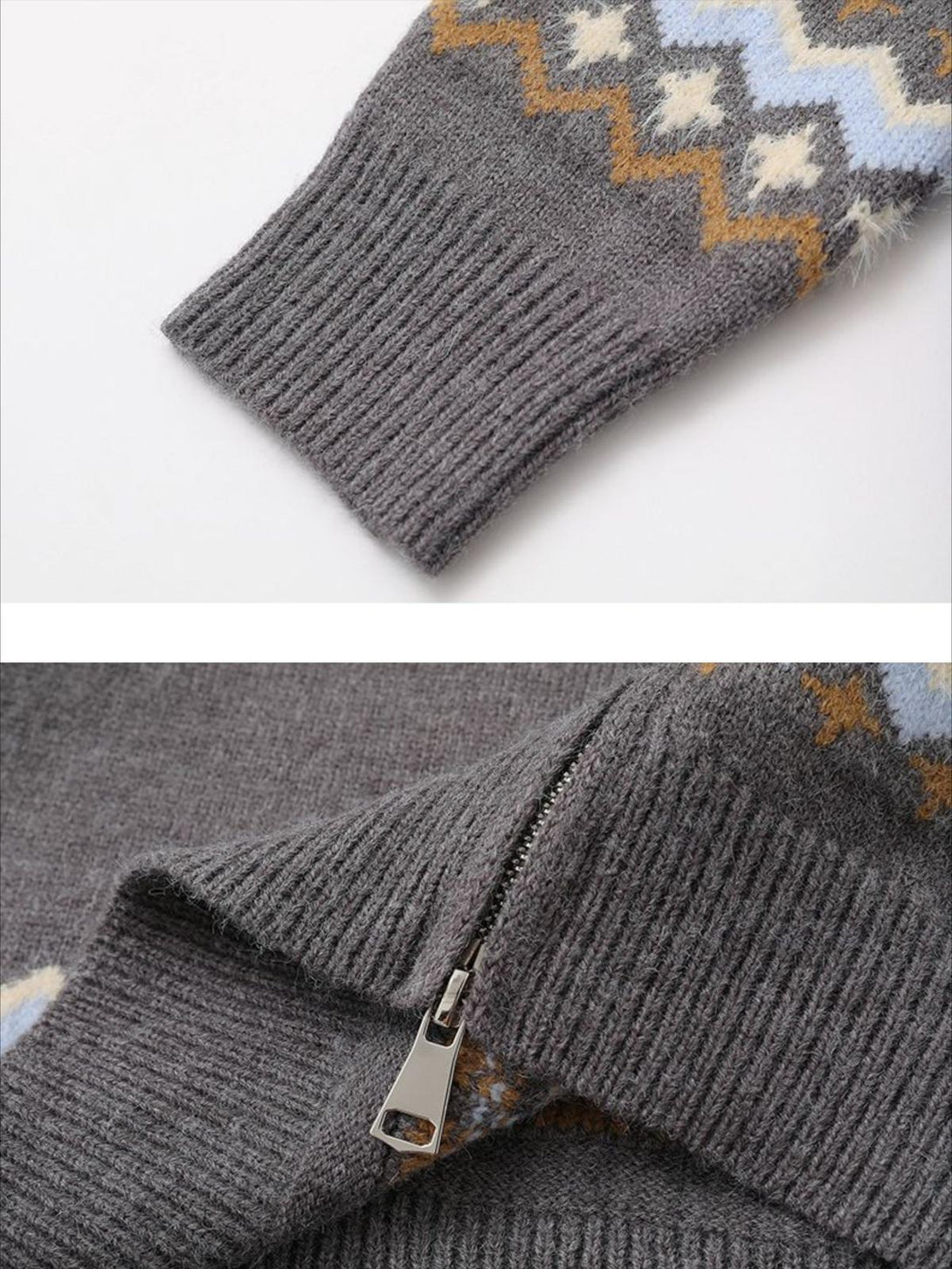 Intricate look at TALISHKO's gray knitwear, highlighting the zipper and diamond jacquard pattern.